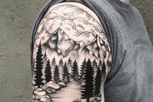 tatuajes de paisajes en el brazo de bosque
