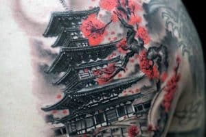 tatuajes de templos chinos con flores