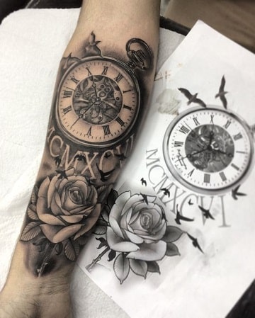 tatuajes de rosas y reloj diseño