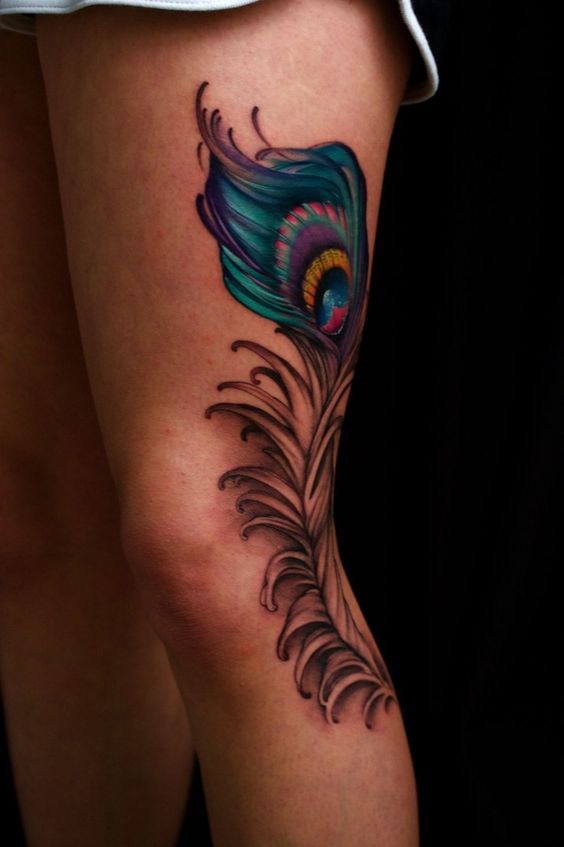 tatuajes de plumas de pavo real pierna