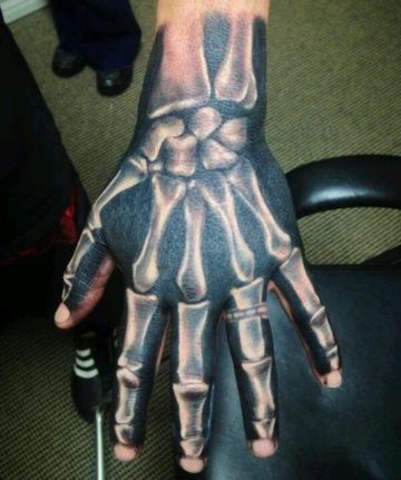 tatuajes de huesos en la mano gris y blanco