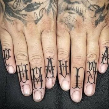 tatuajes de letras en la mano en los dedos