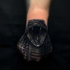Mas de 50 lineas en tatuajes de cobras en la mano y brazo