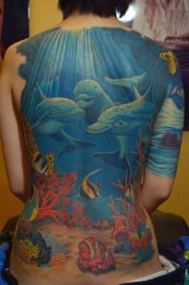 tatuajes de delfines en la espalda paisaje maritimo