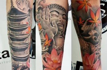 4 tatuajes de templos budistas a escalas de grises