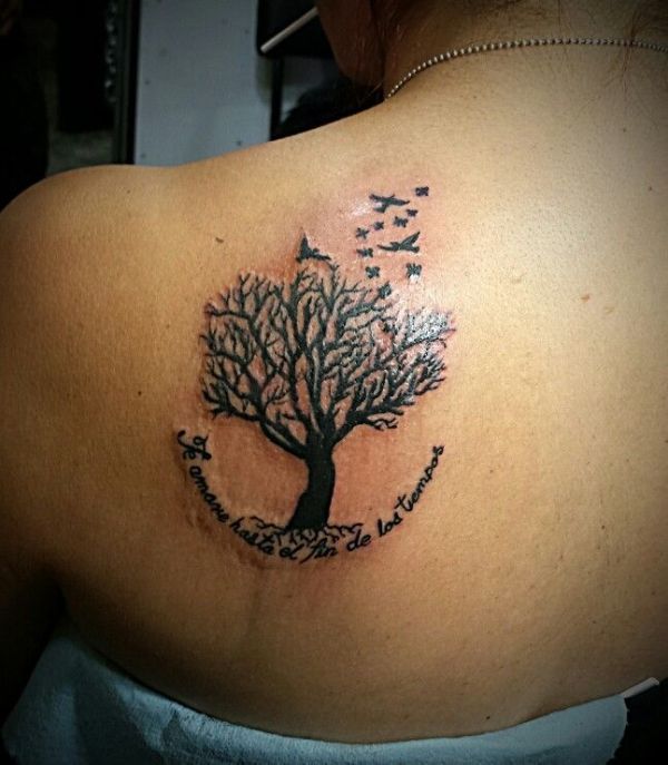 tatuajes de arboles y aves en espalda