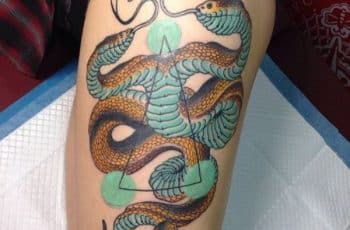 Un tatuaje serpiente de dos cabezas en brazo y 3 partes más