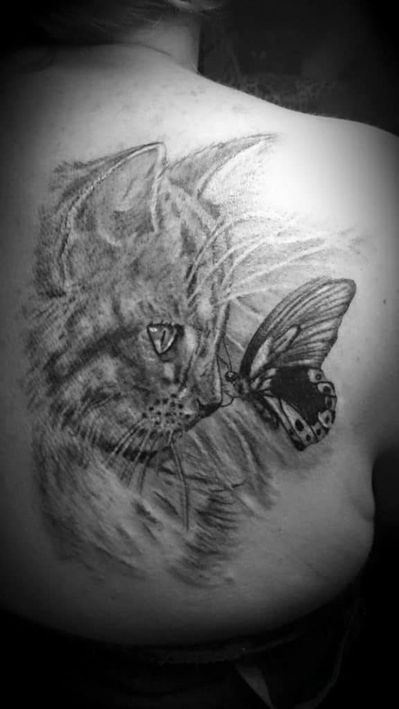 tatuajes de gatos con mariposas fotorealismo