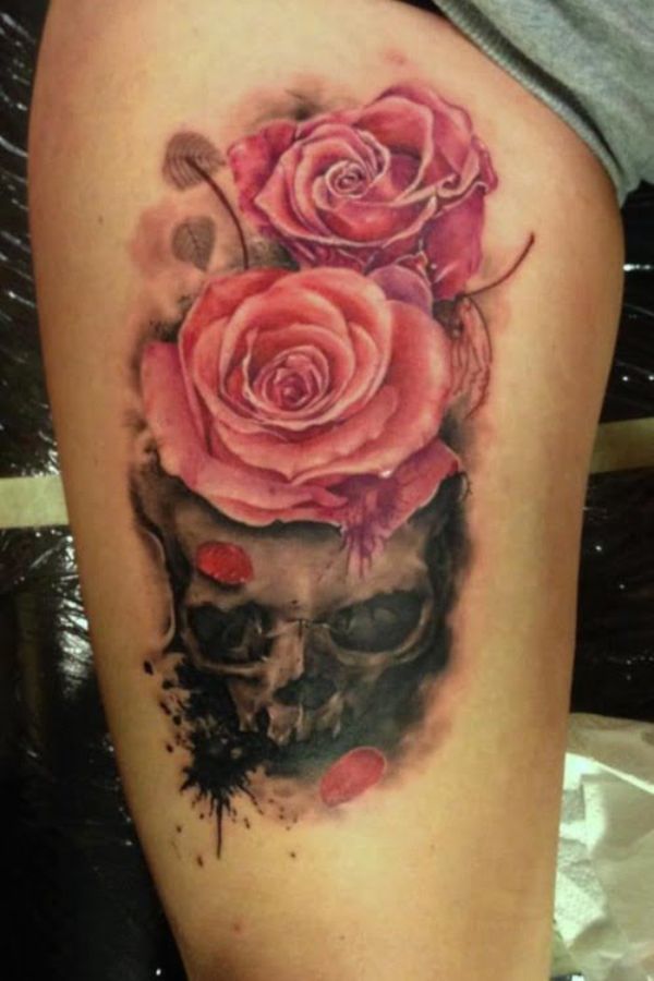 tatuajes de calaveras con rosas sin delineado