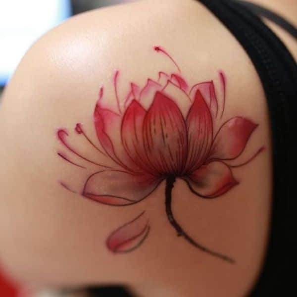 flor de loto roja tatuaje en hombro